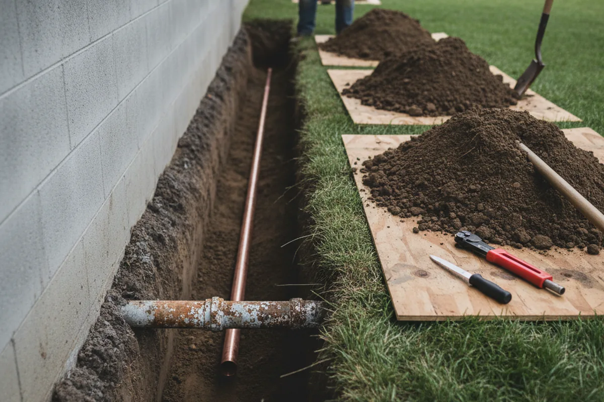 Excavated water line trench during Sewer Line Repair in Alamo